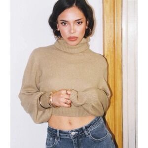 Princess Polly Sweater‎ Womens Size 6 Tan Zahara Crop Turtleneck Balloon Sleeve